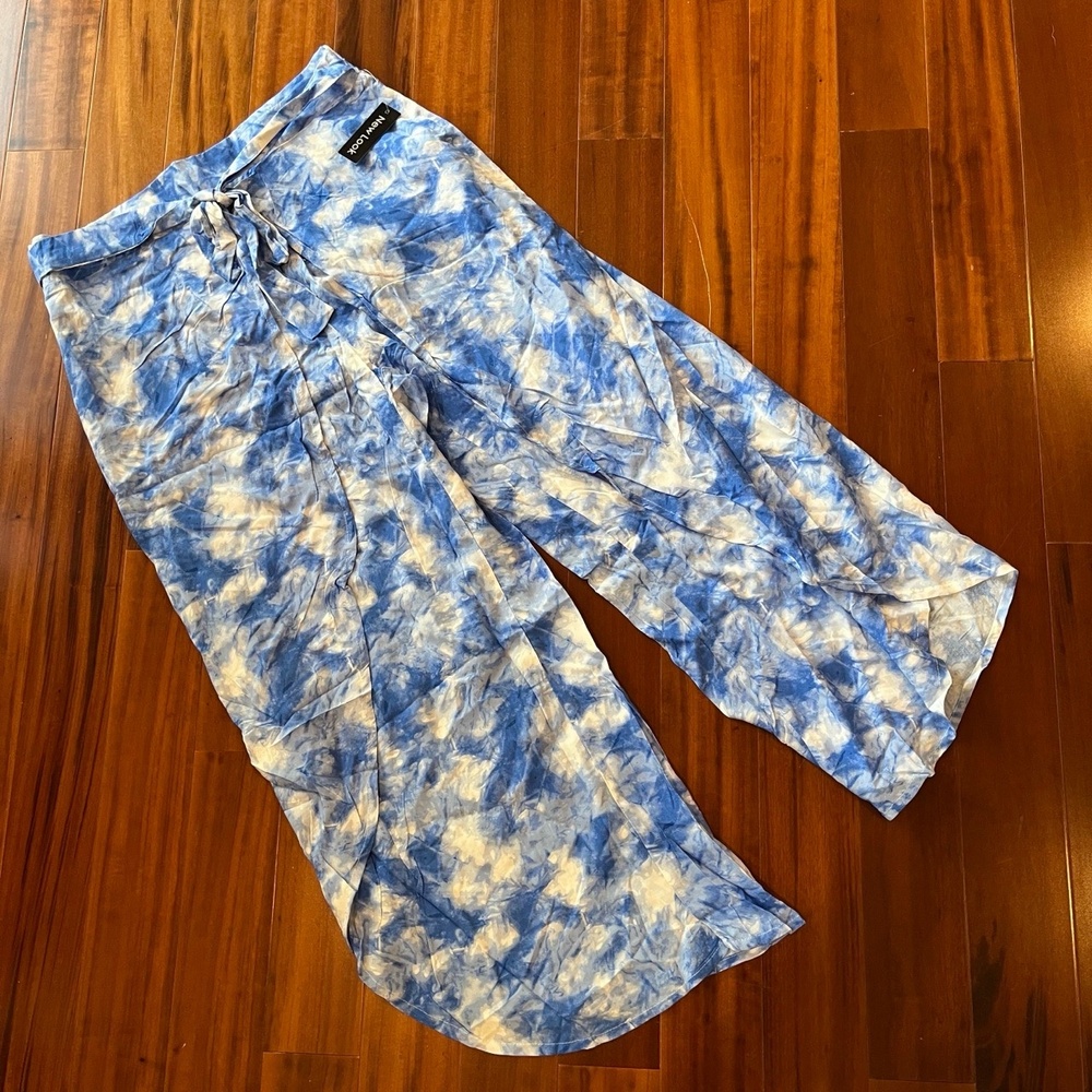 New Look Palazzo Pants Blue Tie-dye Coverup Resort Open Leg NWT Size Large